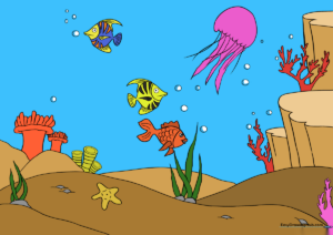 Colorful and complete underwater scene illustration showing fish, coral, and sea life.