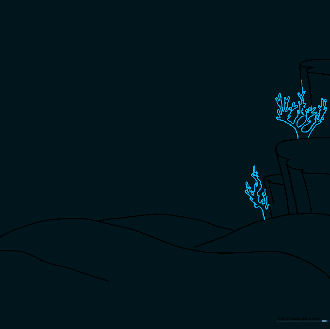 Sketch of branching staghorn coral added to the rocky reef base.