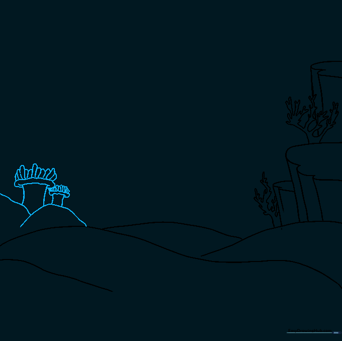 Detailed sketch of a sea anemone with tentacle-like structures on the reef.
