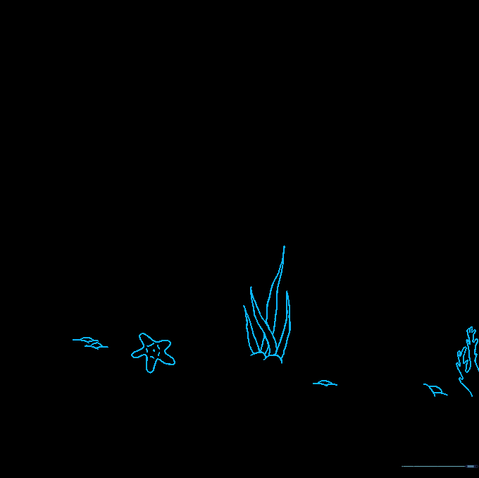 Sketch of a textured starfish and small stones resting on the sandy seafloor.