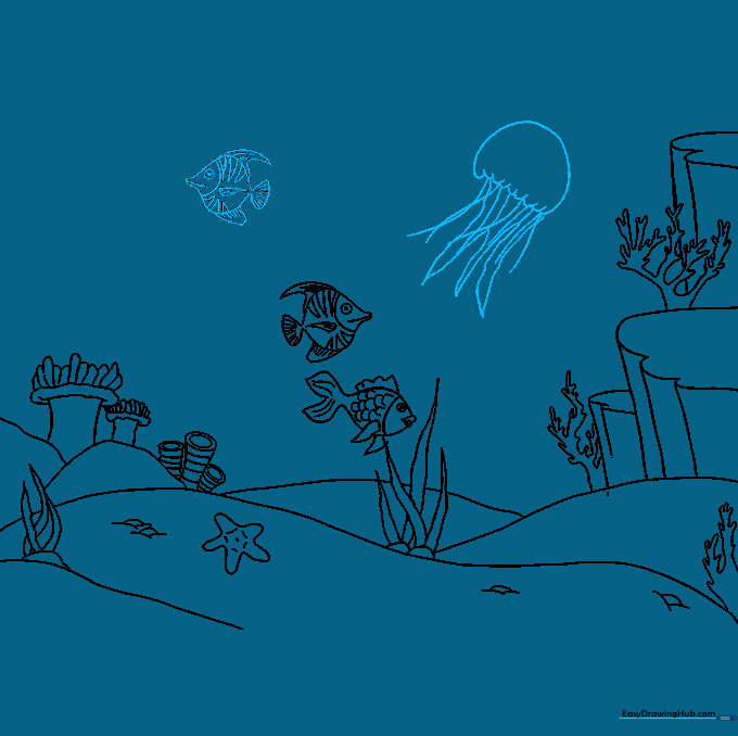 Sketch of a jellyfish with long, flowing tentacles added to the scene.