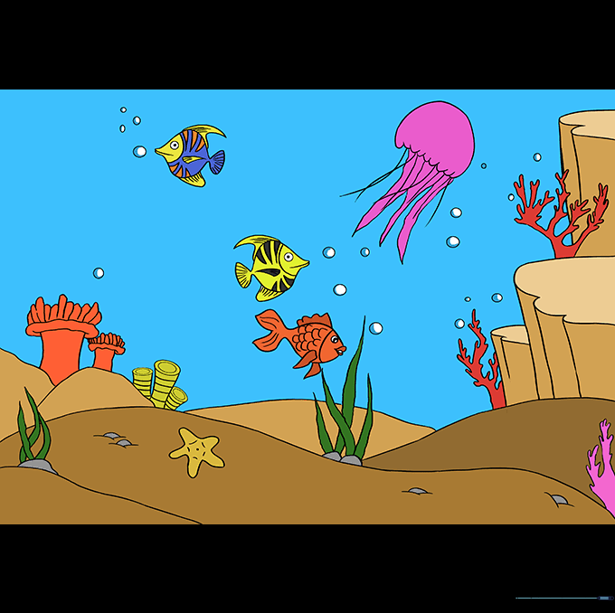 Fully colored underwater scene featuring bright fish, coral, and a jellyfish.