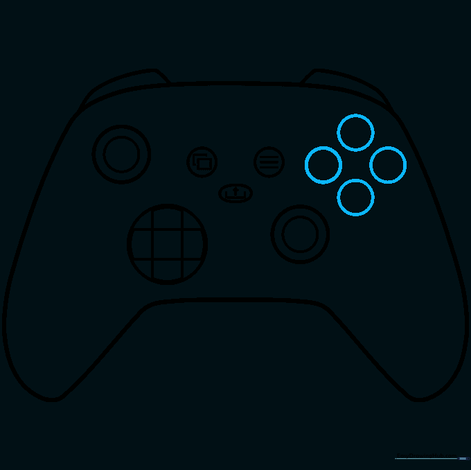 Sketching the four action buttons in a diamond formation on the right side of the controller.