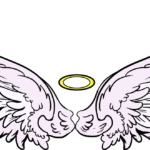 A completed, beautifully shaded pair of angel wings with a glowing halo.