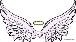 A completed, beautifully shaded pair of angel wings with a glowing halo.