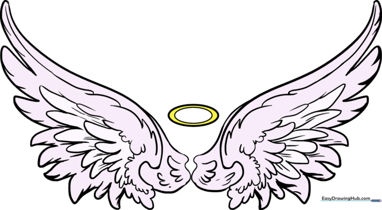 A completed, beautifully shaded pair of angel wings with a glowing halo.