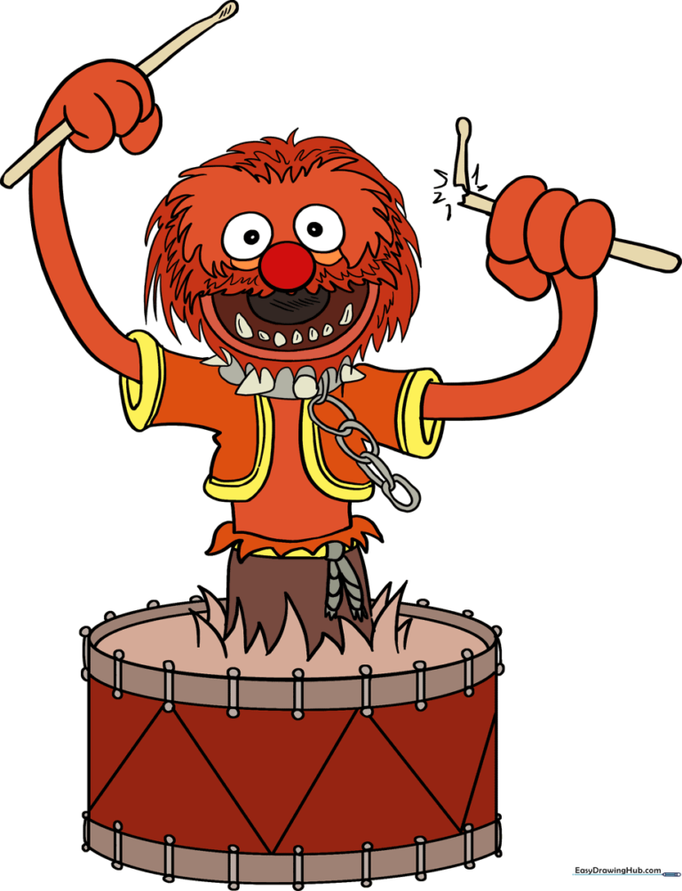 Colorful, finished illustration of Animal from The Muppets playing the drums.