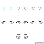 A vibrant, finished illustration of stylized anime eyes with detailed highlights and shading.
