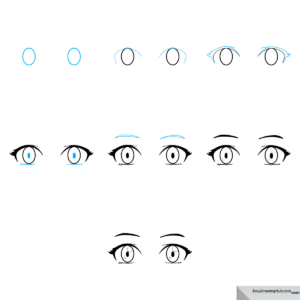 A vibrant, finished illustration of stylized anime eyes with detailed highlights and shading.