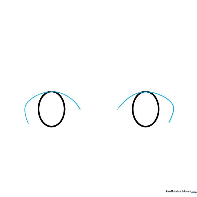 Drawing curved lines over the top of the ovals to establish the upper eyelid shape.