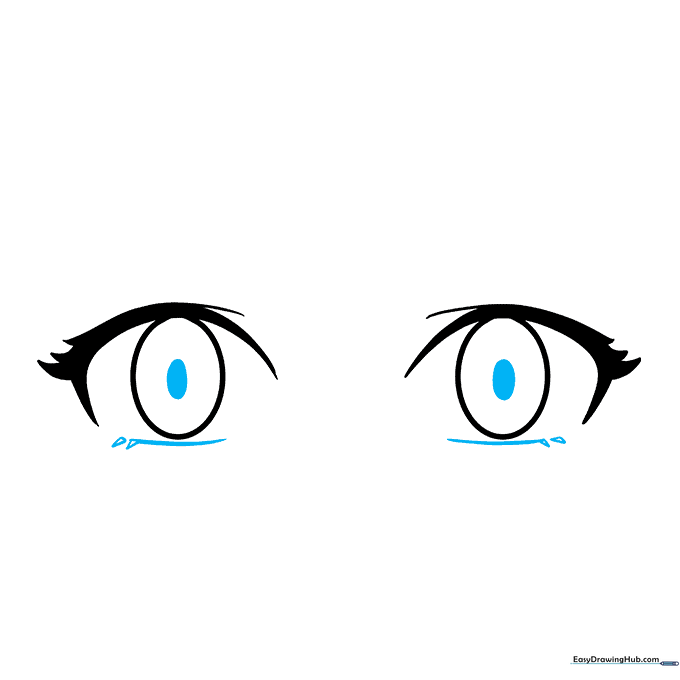 Shading the pupil and adding small triangular shapes to the bottom of the eye for lower lashes.