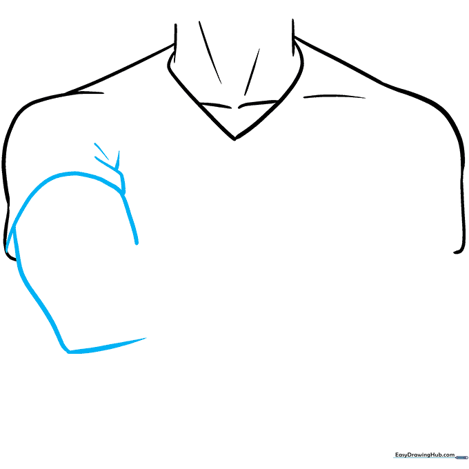Drawing the upper arm segments and sleeve folds on the anime character.