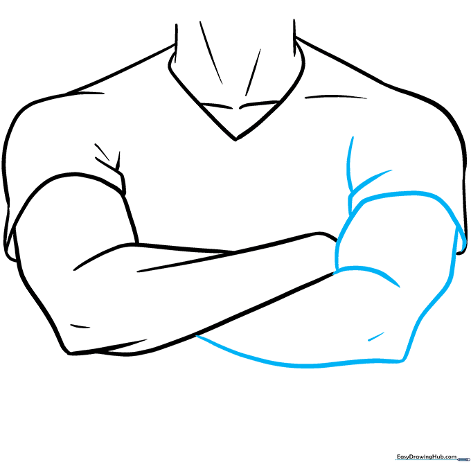 Sketching the crossed arm position with one hand partially visible.