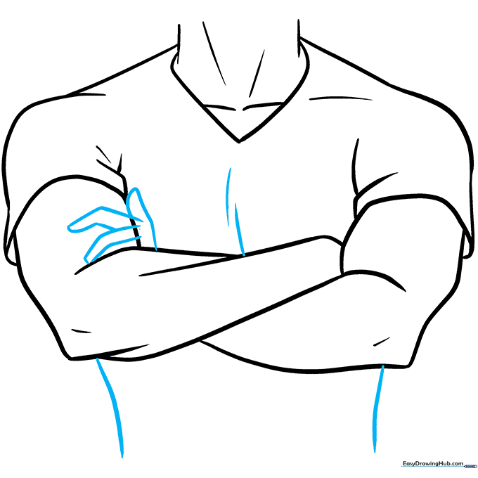 Finalizing the torso, pectoral muscles, and hand details on the anime character.