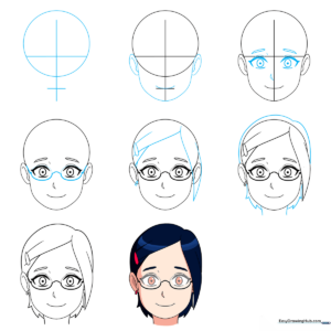 A vibrant, finished illustration of an anime girl wearing glasses, showcasing the final result of the tutorial.