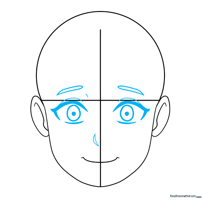 Adding anime-style eyes, eyebrows, and a nose to the face structure.