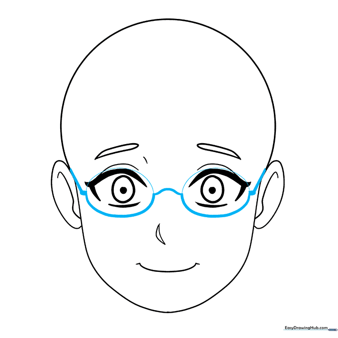 Detailed drawing of glasses frames resting over the anime character's eyes.