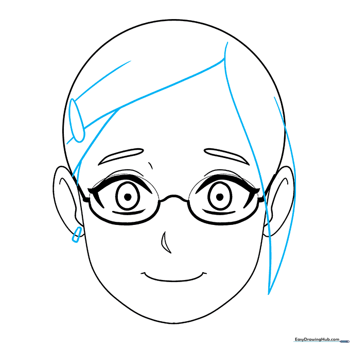 Adding stylized anime hair, an earring, and a hair clip to the character.