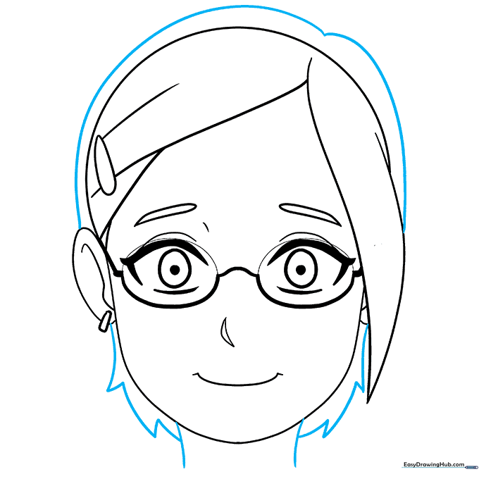 Refining the hair silhouette and drawing the neck for the anime character.