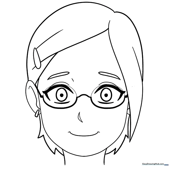 The completed line art of the anime character with glasses, with all guidelines removed.