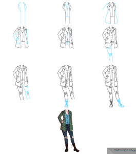 A stylish, fully colored anime-style outfit featuring a jacket, blouse, and distressed jeans.