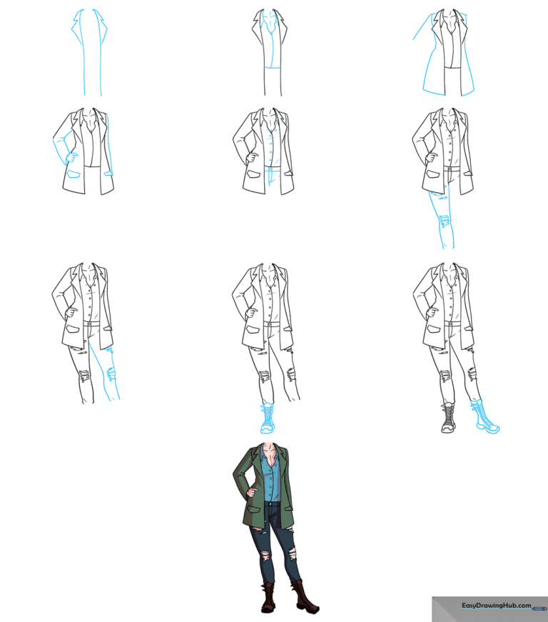 A stylish, fully colored anime-style outfit featuring a jacket, blouse, and distressed jeans.