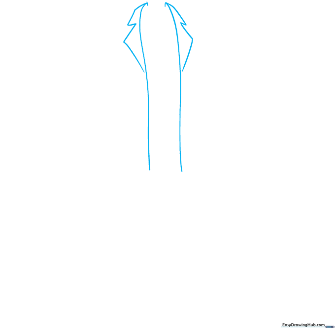 Pencil sketch showing the initial vertical lines and collar triangles for an anime jacket.
