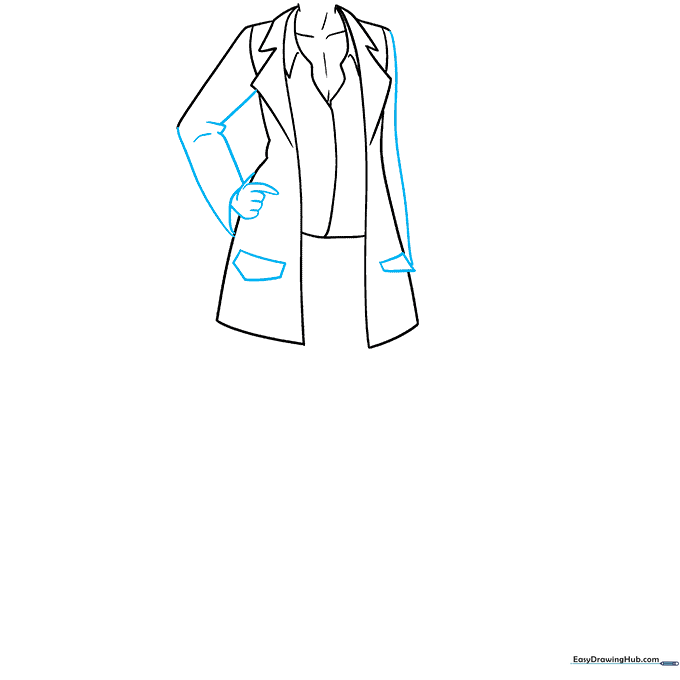 Drawing showing completed sleeve outlines, a hand on the hip, and pocket placement.