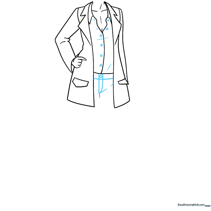 Drawing showing buttons, zippers, and fabric fold lines added to the jacket.