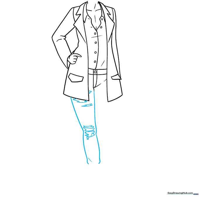 Drawing showing the outline of one leg with distressed jean details.