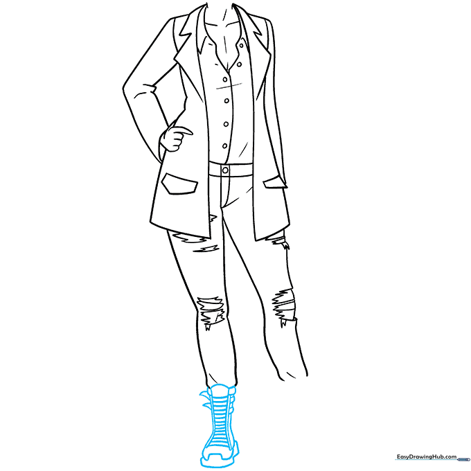 Drawing showing the first combat boot with sole and lace details.