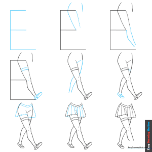 Finished anime female legs drawing with pleated skirt and shoes.