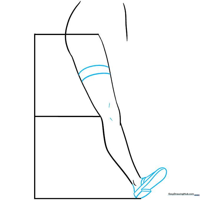 Adding sock details and a shoe shape to the anime leg sketch.