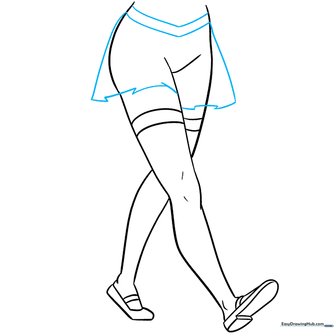Drawing a pleated skirt over the anime legs.