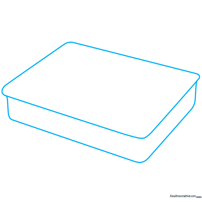 Pencil sketch of a rectangular bento box container with rounded corners on a white background.