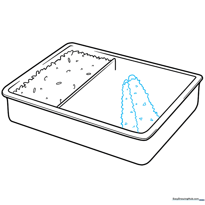 Drawing of two tempura shrimp with jagged, crispy-looking edges inside the bento box.