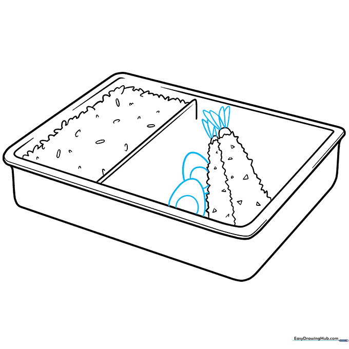 Adding shrimp tails and sliced boiled eggs to the bento box illustration.