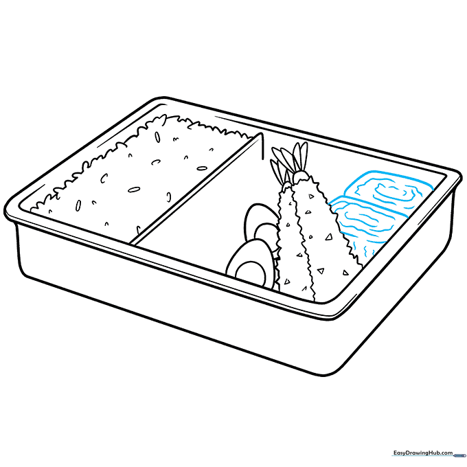Two sushi rolls with spiral detailing drawn inside the bento box.