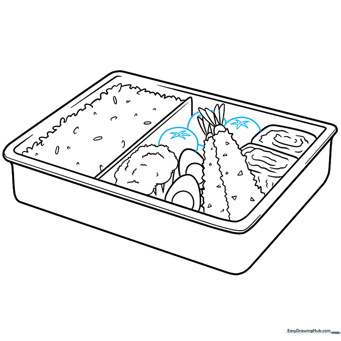 Final details showing cherry tomatoes with star-shaped calyxes added to the bento box.