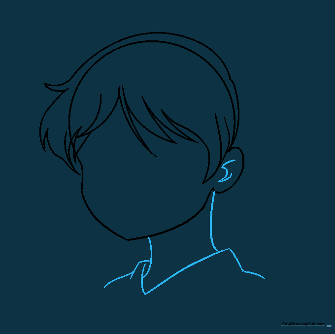 Drawing the neck, collar, and shoulders of the character.