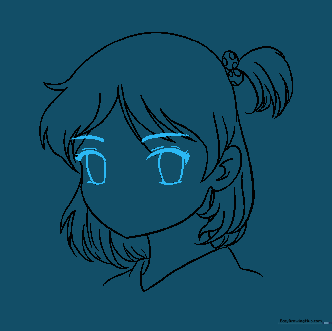 Adding large, expressive anime-style eyes and eyebrows.