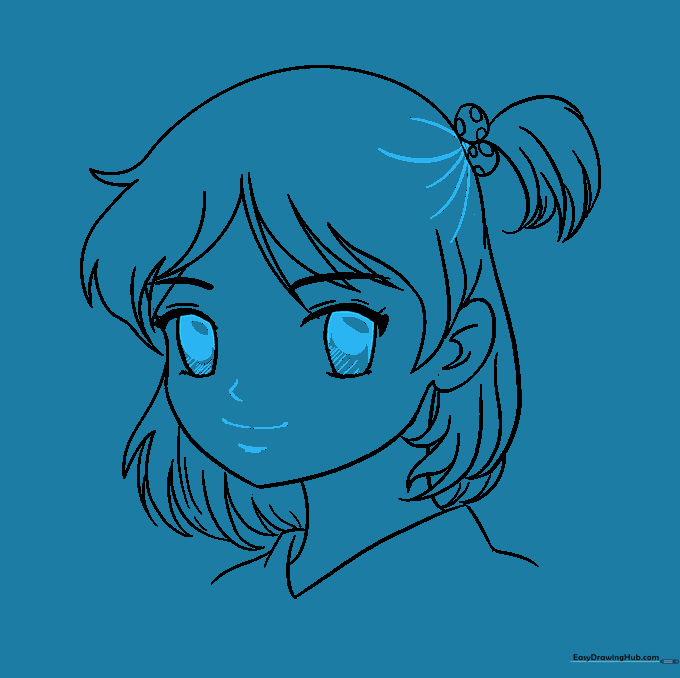 Adding pupils, nose, mouth, and hair texture details.