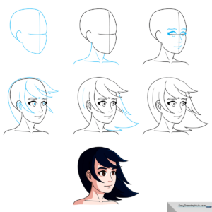 Completed anime character illustration showcasing long, styled hair.