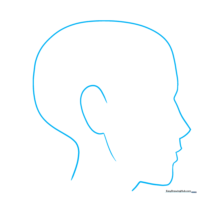 Line drawing of a male anime face profile and ear shape on a white background.