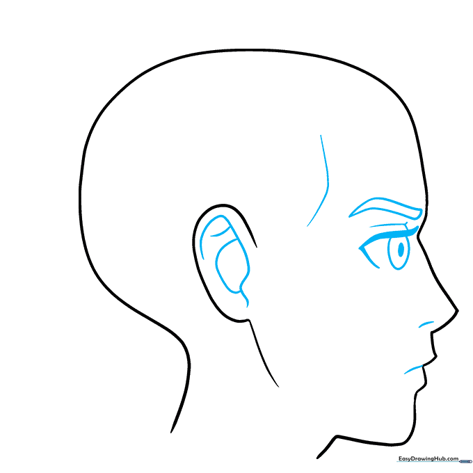 Detailed sketch of a male anime face profile including eye, nose, and mouth features.