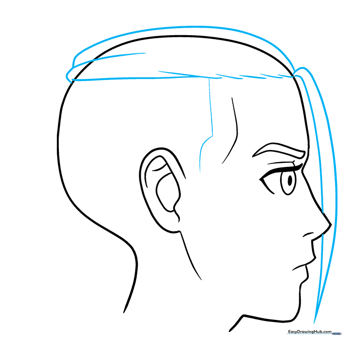 Sketching the anime male hairline and front bangs over the face profile.