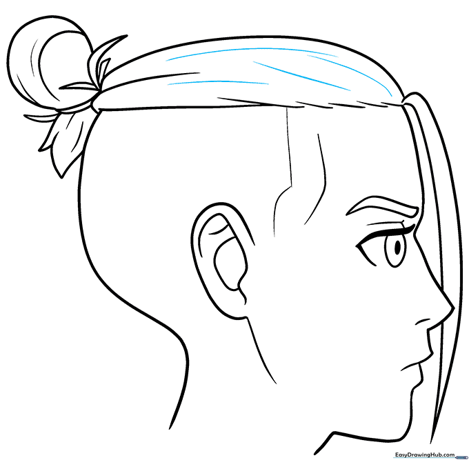 Adding final texture lines to the top of the anime hair for depth.