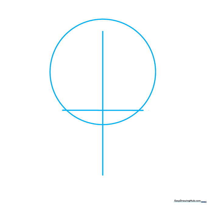 Pencil sketch showing a circular head shape with a crosshair grid for facial alignment.