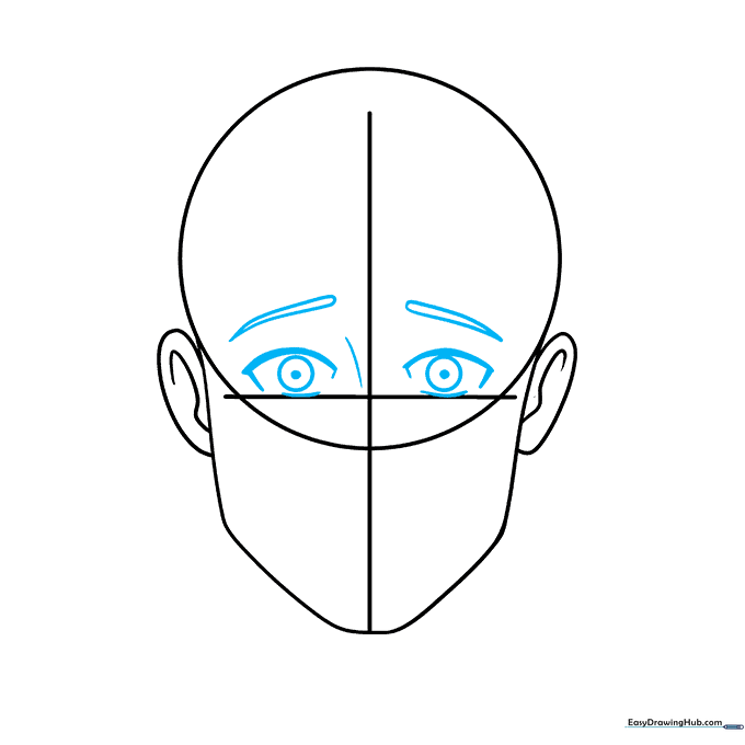 Detailed sketch of anime eyes, eyebrows, and a small nose bridge line.