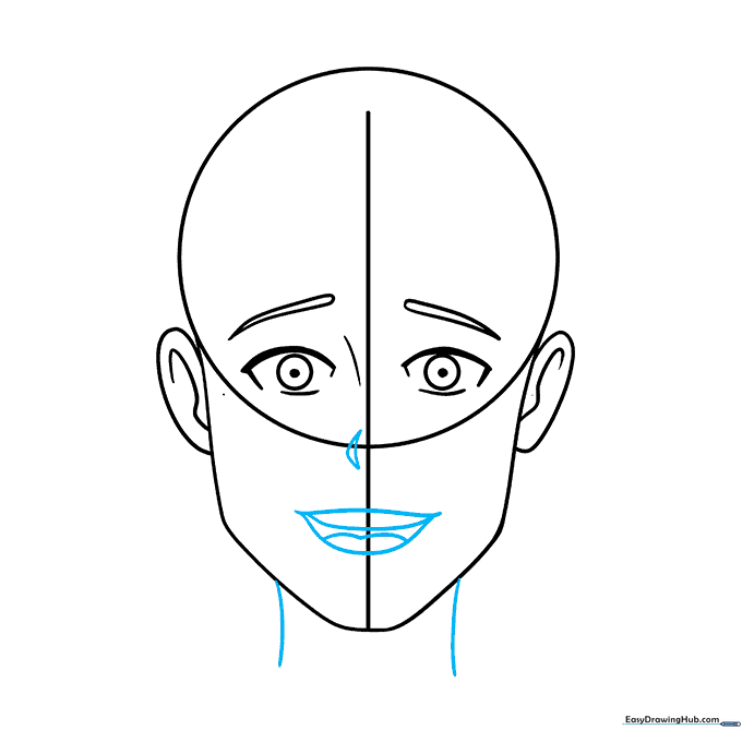 Adding a smiling mouth with visible teeth and tongue, plus neck lines.